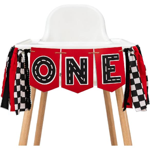Racing Car High Chair Banner - Racr Car First Highchair Banner 1st Birthday, Fast One Birthday Party Decorations, Checkered Flag Racing Cake Smash,