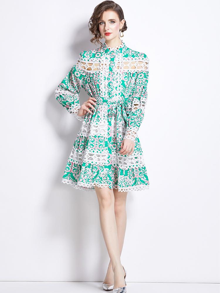 Summer Autumn Runway Embroidery Hollow Out Lace Crochet Dress Women's Single Breasted Print Lace-up Party Dresses