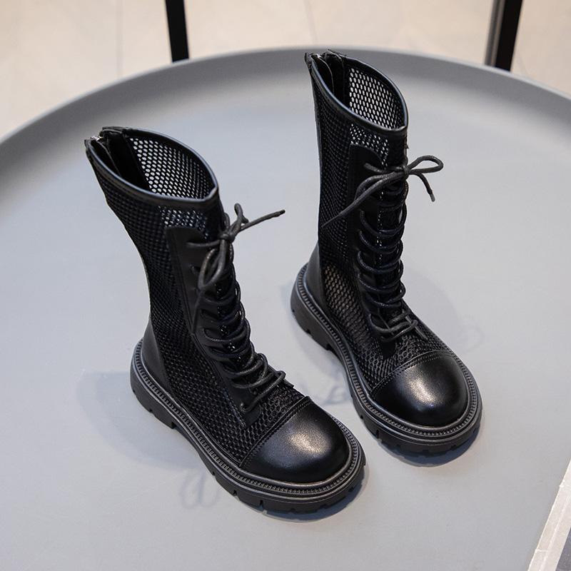 

Детская летняя обувь для девочек, модные сандалии, высокие сетчатые ботинки, дышащие сетчатые шнурки, украшение с вырезом на молнии, стиль Ins 29 чёрный