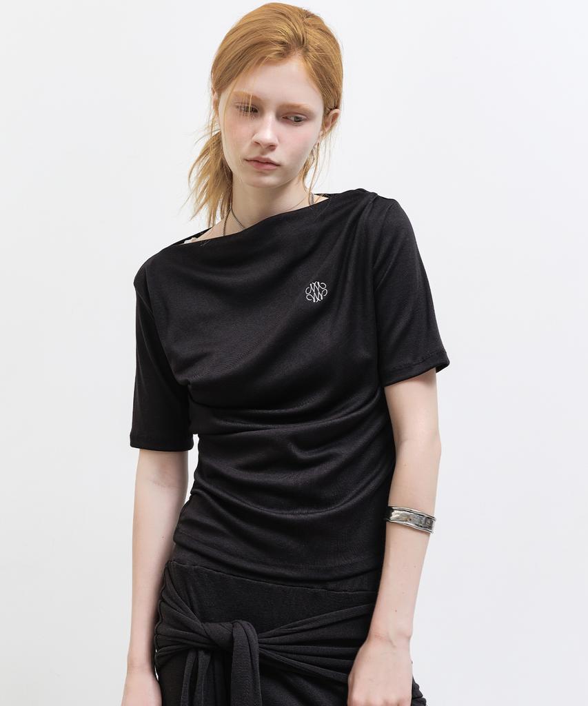 Nigaennikol Half Shirring Drape Boat Neck Top_Black