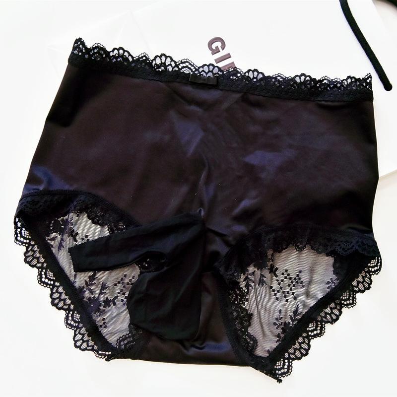 Men Sexy Panties High Waist Satin Underwear Crossdressing Sissy Underpants Lace Large Size Hip Lift Briefs Breathable Lingerie