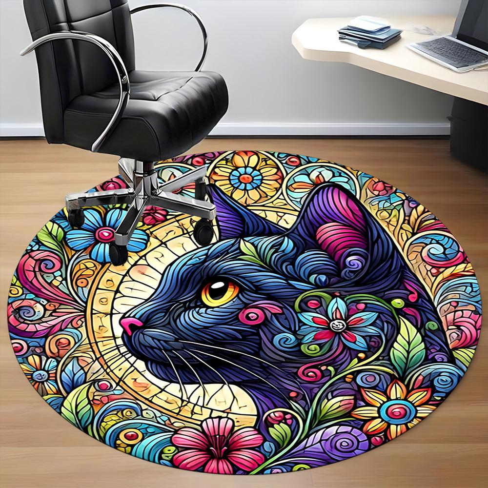 1pc Cat Flowers Office Round Area Rug, Indoor Mat Suitable For Office, Under Office Chairs Bedroom Living Room Home Decor, Room Deco