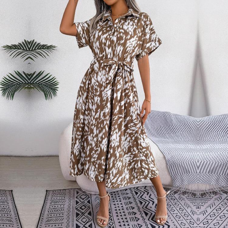 Women Summer Loose Leopard Print Shirt Dress Lace Up Single Breasted