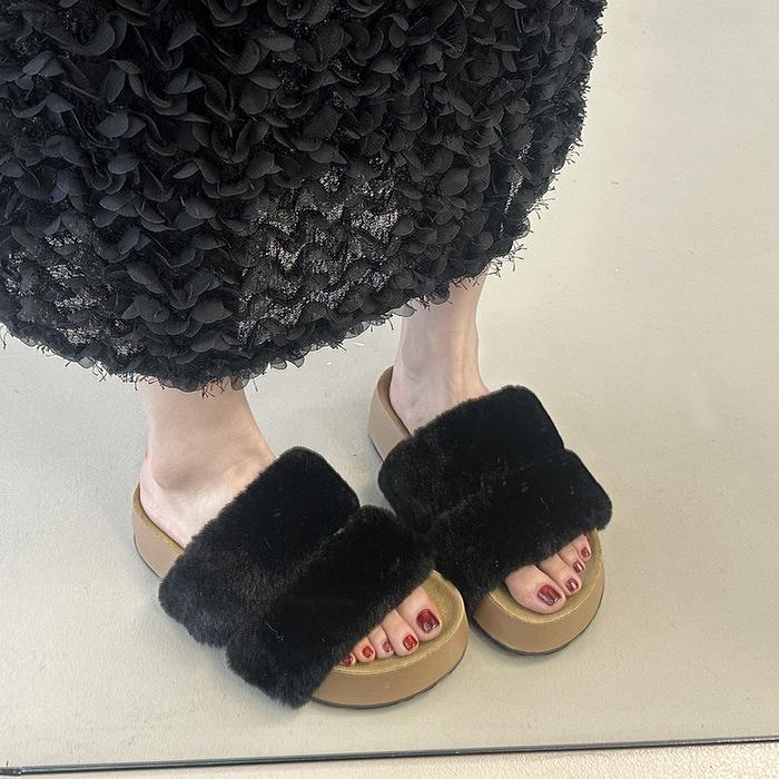 Thick-bottomed Parallel Bars Fluffy Slippers for Women's Outerwear 2025 Autumn New Fluffy Versatile One-word Lazy Slippers Ins