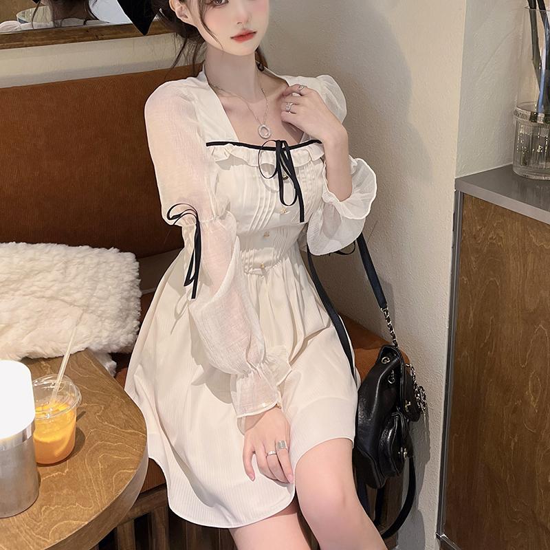 Rochie de primăvară dulce cu mânecă lungă femei stil coreean cu guler pătrat Rochii albe de petrecere de toamnă