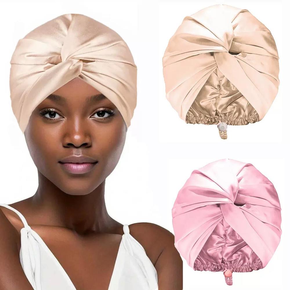 Reine Seide Turban-Hauben für Damen Satin Schlafhaube Hut Doppellagig Gedrehter Haarwickel Verstellbarer Seiden-Kopfwickel Haube