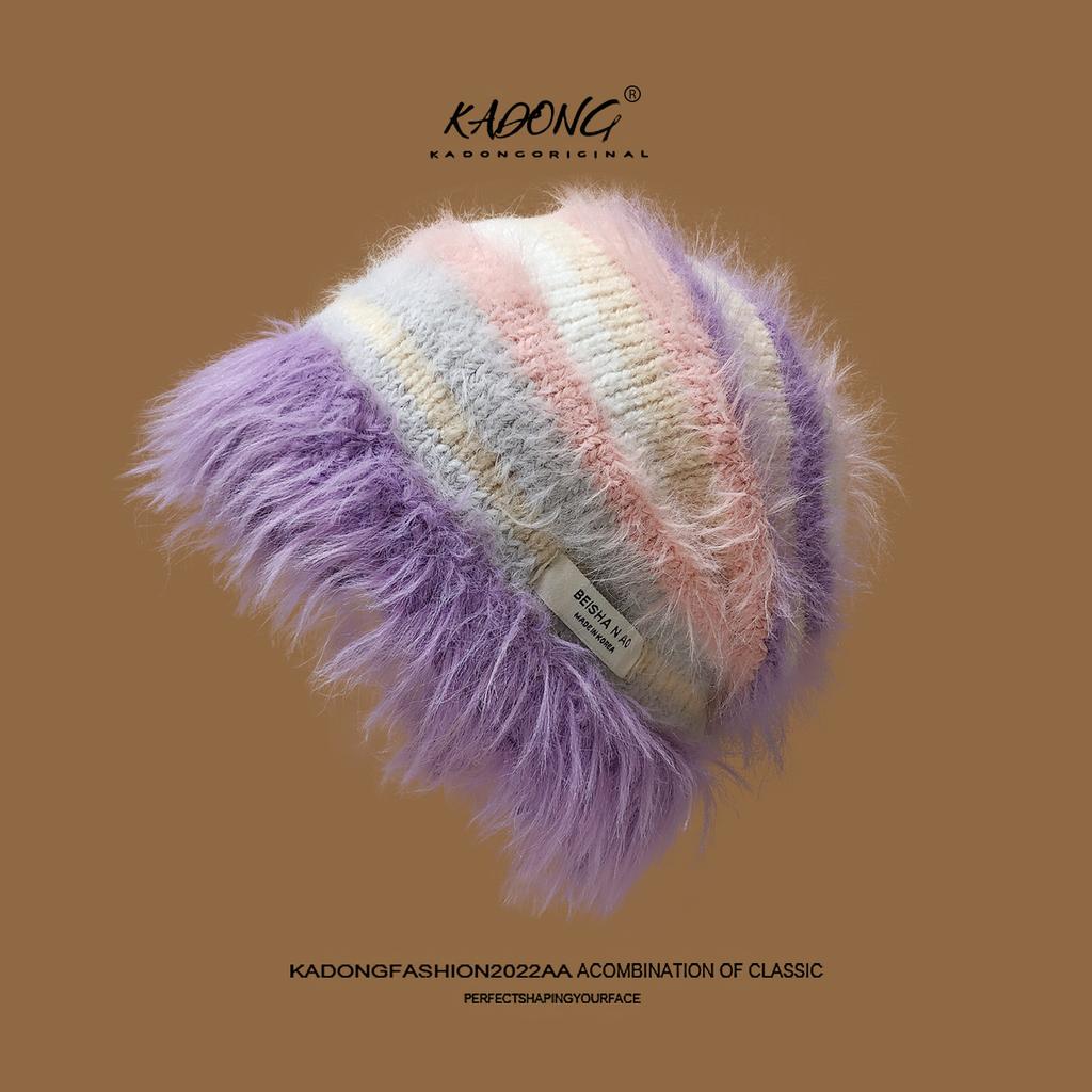 New Winter Dopamine Color Striped Wool Hat for Women Fashion Warm Face Showing Small Knitted Pile Hat