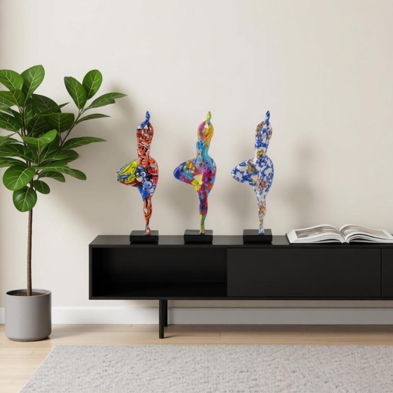 Modern Dancing Lady Statue Colorful Graffiti Resin Abstract Woman Sculpture Perfect For Living Space And Office Decors