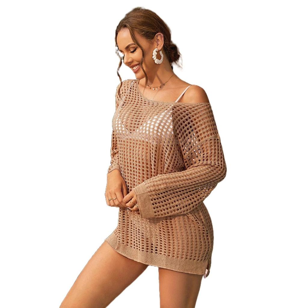 Charmleaks Cover Up Solid Cutout Bikini Hook Flower Beach Smock Skirt Woman Long Sleeve