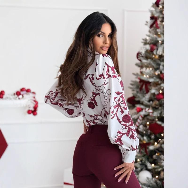 Camisa de manga larga con lazo y estampado sencillo de primavera para mujer