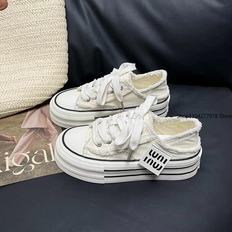 Módní Nové Ležérní Platformové Plátěné Boty Zvyšující Výšku 2025 Dámské Vnější Bílé Tenisky Pantofle Nazouvací Sandály Vulkanizované Boty
