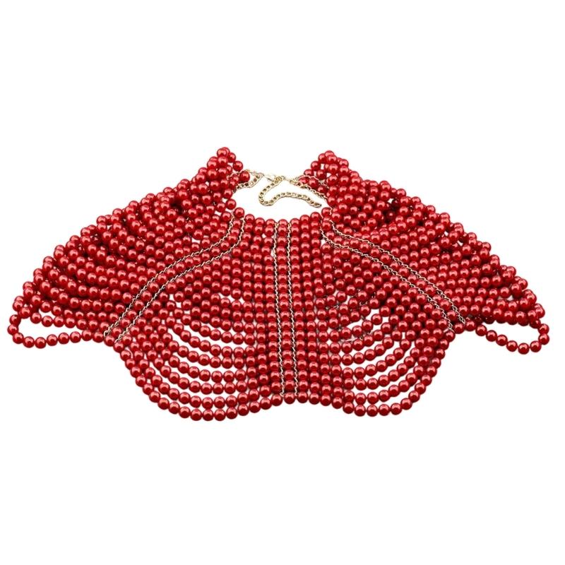 Exquisited Chest Chain Imitation Pearls Tassels Layered Necklace Shawl Beaded Body Jewelry for Elegant Evening Parties