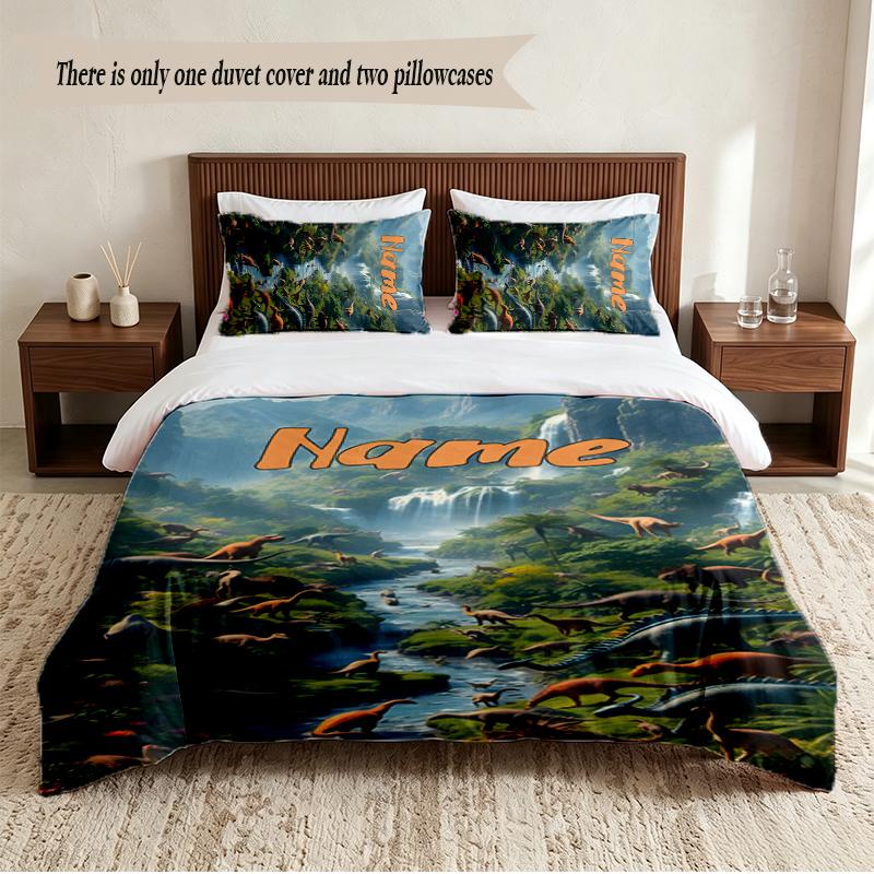 Dinosaur World Personalized Custom Name 3‑Piece Bedding Set Soft Duvet Cover Set For Bedroom Home Decor