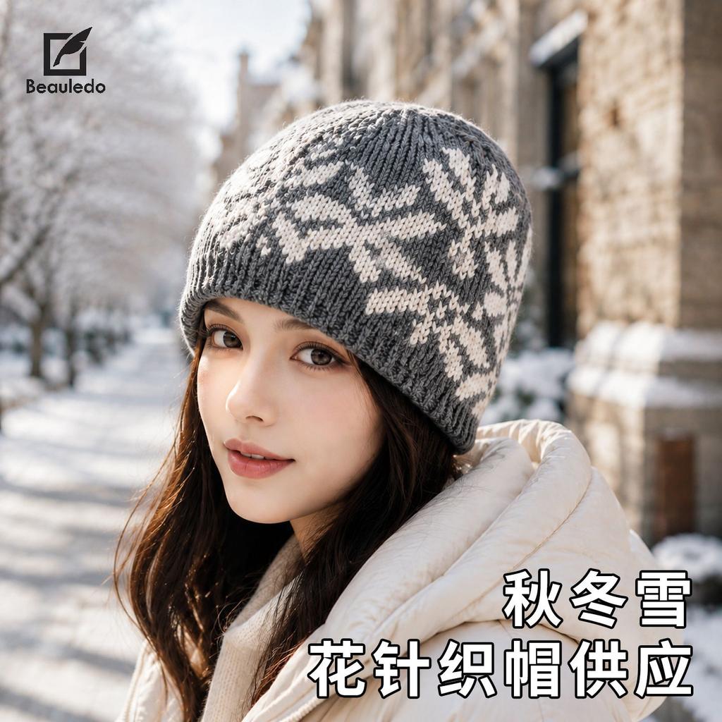 Winter women's jacquard snowflake knitted wool hat, warm ear protector, cold hat, and a basin hat.