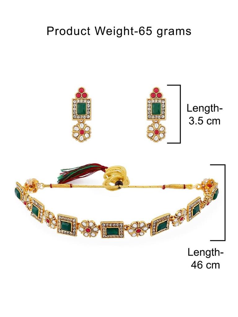 Green & Pink Stones Ethnic Collar Bone Necklace Earring & Ring Set For Women