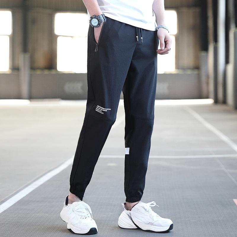 Men's Speed Dry Pants Summer Thin Comfortable Casual Pants Slim Sports Drawstring Men's Pants Nine Points