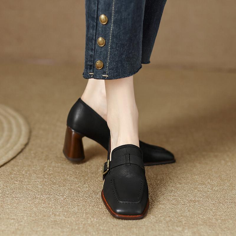 Fashion NEW Fall/Summer Women's Pumps Genuine Leather High Heels Square Toe Chunky Heel Shoes for Women Buckle Women Loafers Party Shoes