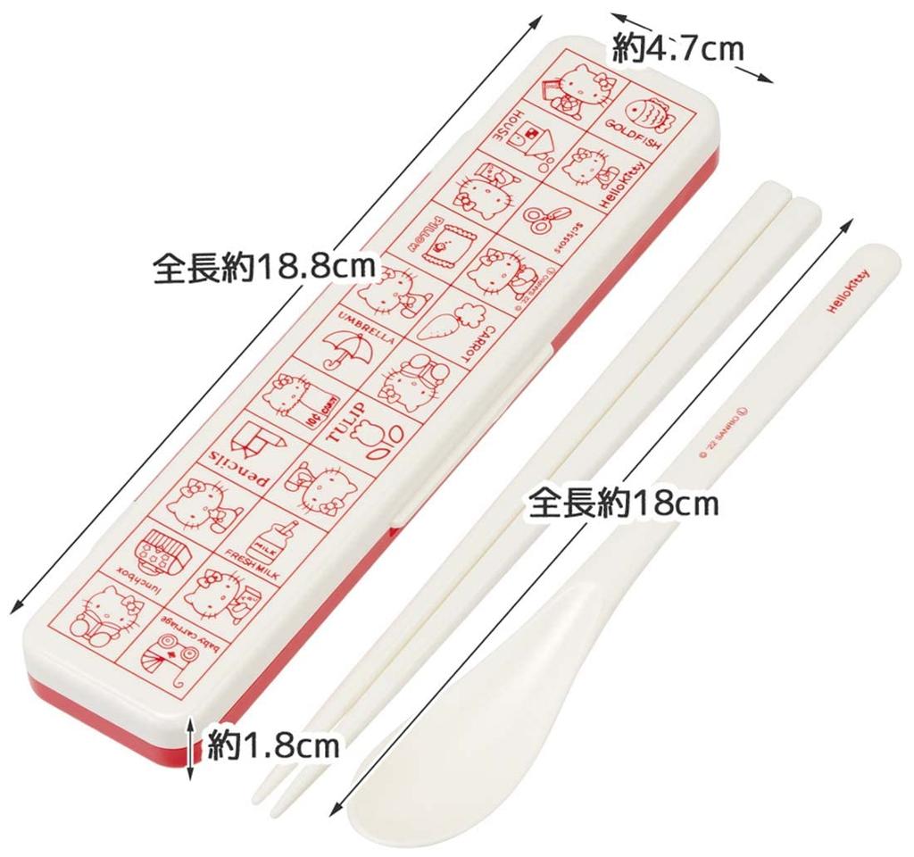 Skater Chopsticks and Spoon Combo Bento Adult Silent Silicone Made in Hello Set, 18cm, Antibacterial, Box, Size, Cushion, Japan, Kitty, Retro, Sanrio,