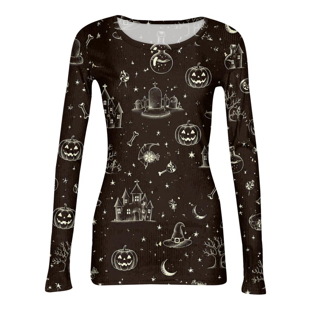 Women Halloween Print Long Sleeve Slim Fit Crew Neck Base Layer T Shirt Casual Stretchy Top for Everyday Wear