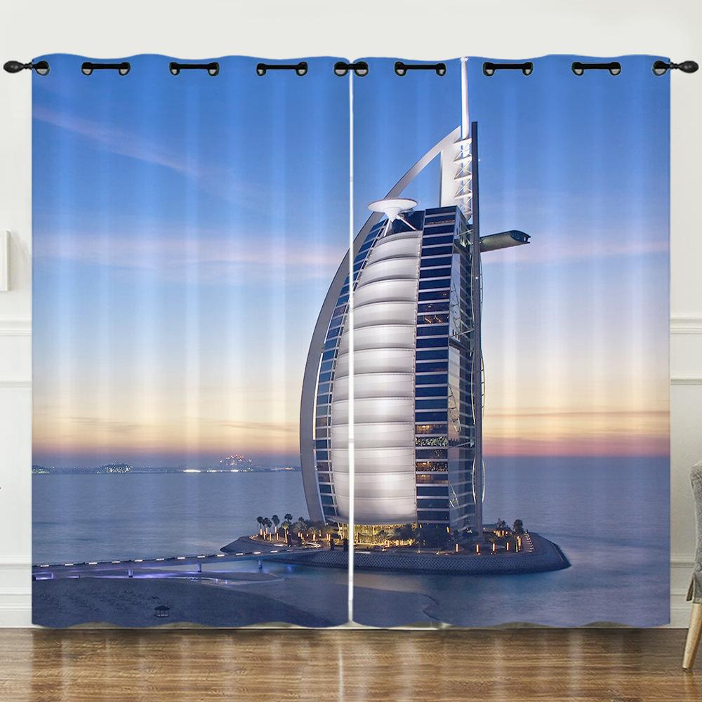 Curtains, Urban Architectural Scenery 3D Digital Printing, Blackout Curtains, No Punching, No Punching Installation 2pcs*97cm*114cm*2