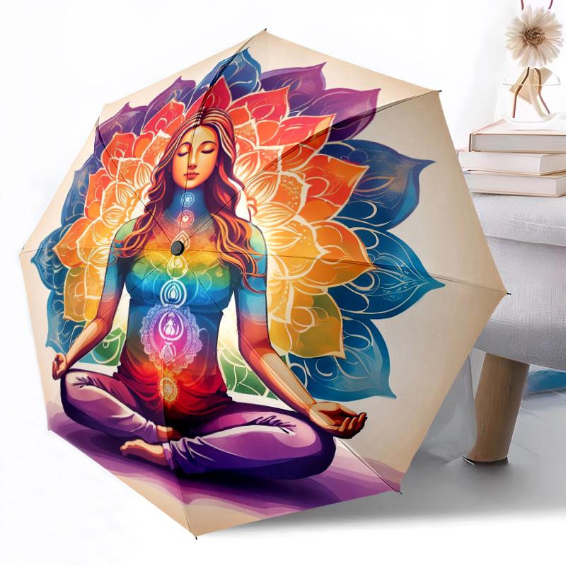 Chakra Balance Mandala Automatischer Regenschirm Kompakt 8-Rippen-Design Leicht Ganzjahres-Reise-Outdoor-Zubehör Perfektes Geschenk für Frauen Männer