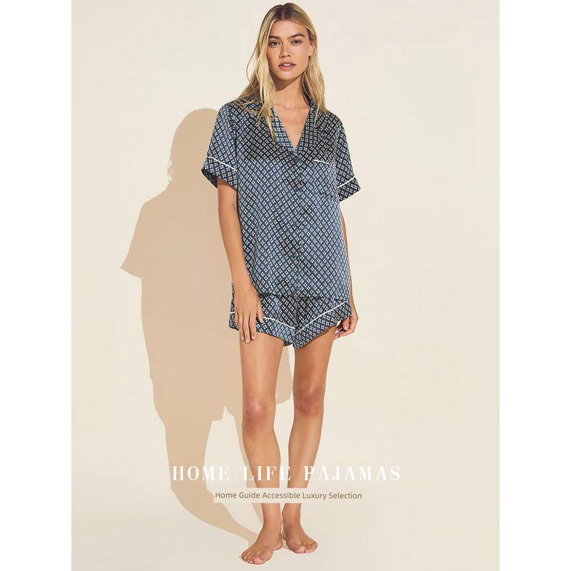 

Western Style FanKe Four-Leaf Clover Ice Silk Satin Pajamas Women Light Luxury Big Brand High Sense Short Long sleeve Homewear Set Short-sleeved shorts L