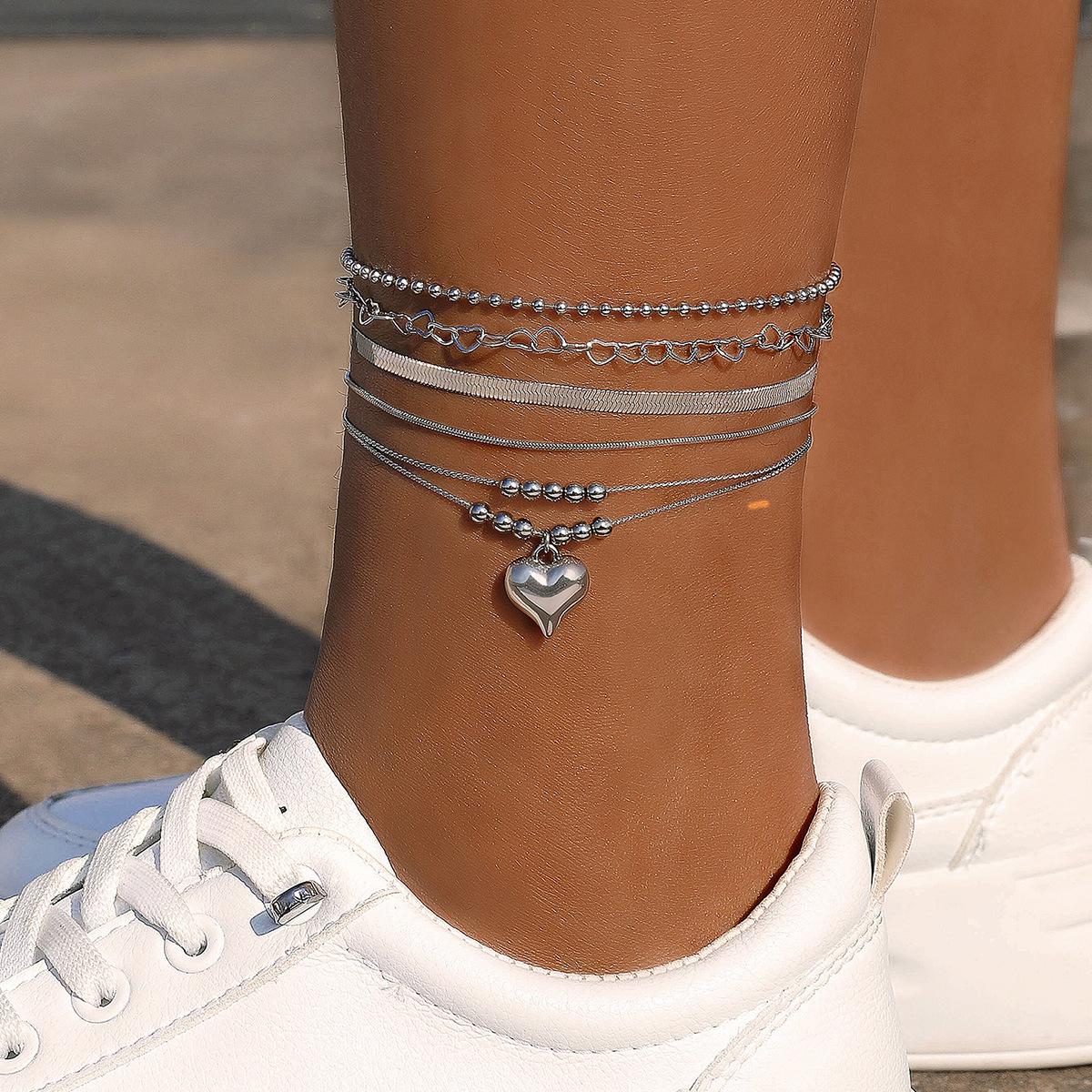 

Accessories, punk fashion love beaded anklet set, personalized snake bone chain foot decoration five-piece set срібний