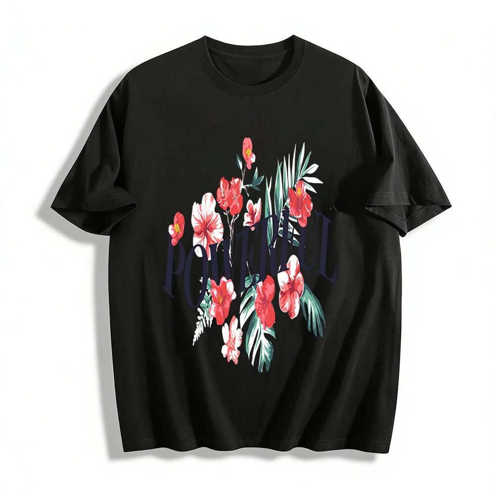 Vintage Floral Print POWERFUL Letter Casual Crew Neck Short Sleeve Top Pure cotton T-shirt XXS