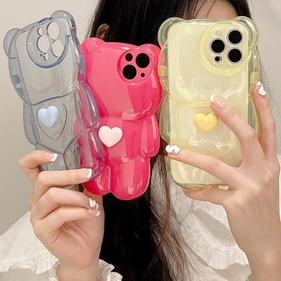 Cartoon 3d Bear Shape Cute Design Clear Case For Iphone 13 12 11 Pro Max Xs Max Xr X Korean Love Heart Lens Protection Cover