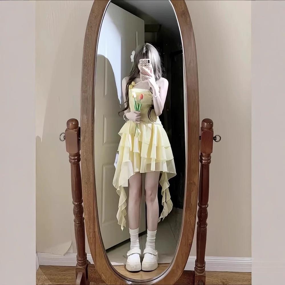 Summer new super fairy sweet girl dress suspender design irregular casual and thin short skirt
