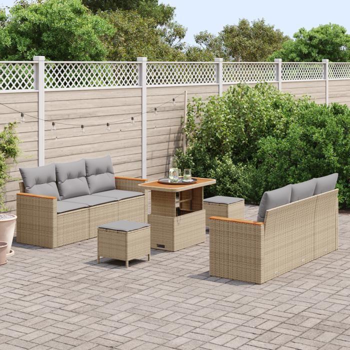 Set de canapé de jardin 9 pièces avec coussins beige poly rattan acacia, Set de salle à manger de jardin 3 pièces 3363002