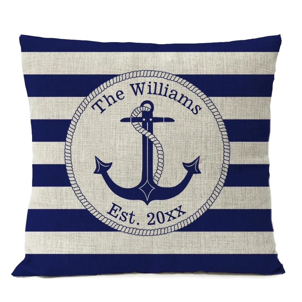 Home Decorative Navigation Blue Compass Anchor Pillow Cover Nautical Shell Fish Linen Pillow Case Mediterranean Cushion Cover