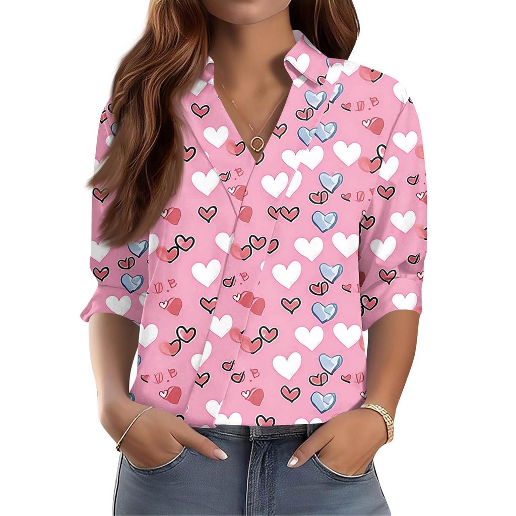 Camisa Feminina Manga 3/4 Decote V Estampada Roupa de Trabalho Casual Regular Colarinho