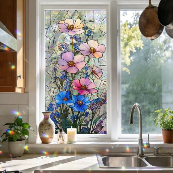 Rainbow Window Privacy Film, Decorative Static Cling Stickers, Heat Control & UV Blocking Glass Cling, Waterproof 100x45cm Static Glass Sticker for