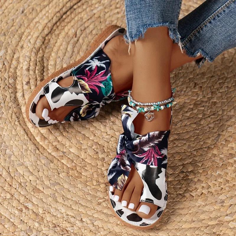 fashion Women's Slippers Fashion Bow Round Toe Set of Toes Flat Beach Shoes Comfortable Mixed Color Slip-on Outdoor Walking Shoes Mujer