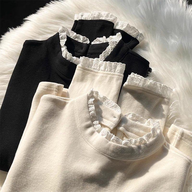 Women's 2025 Fall/Winter High Neck Lace Trim Fleece T-shirt - Slim Fit Long Sleeve Base Layer