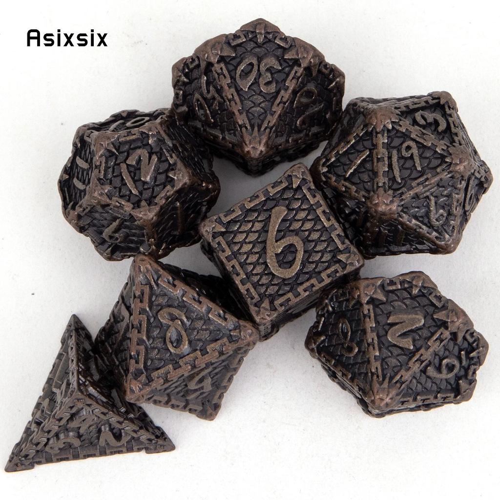 7 Stück braune Fischschuppen-Metallwürfel aus massivem Metall, polyedrisches Würfelset, geeignet für Rollenspiele, RPG-Brettspiele, Kartenspiele