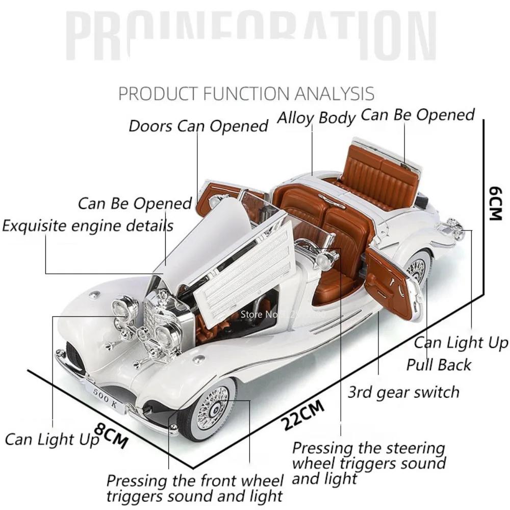 1:24 500K 300SL Vintage Car Model Toy Simulation Sound Light Pull Back Alloy Diecast Vehicle Models Boys Birthday Collections