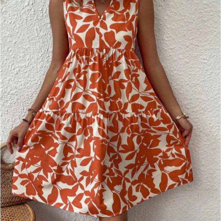 Fashion Bohemian Dress Women Printed V Loose Pleated Neck