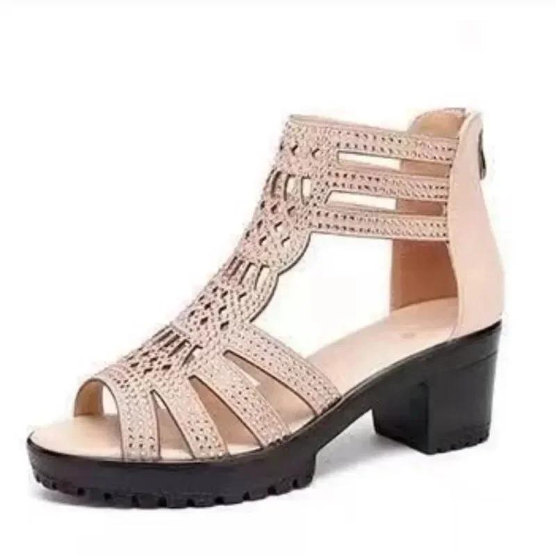 Fashion Summer Women's High Heel Shoes Rome Women's Peep Toe Platform Chunky Heel Gladiator Sandals Outdoor Zip Dress Party Heeled Shoes