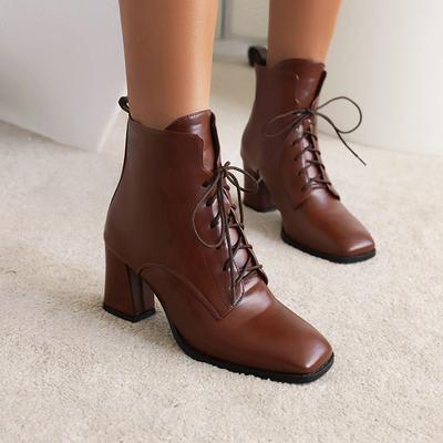 Übergröße Eckige Zehenpartie Dicker Absatz Schnürstiefel Koreanische Version von Casual-Stil Damen Stiefeletten Herbst Neu Günstige Schuhe