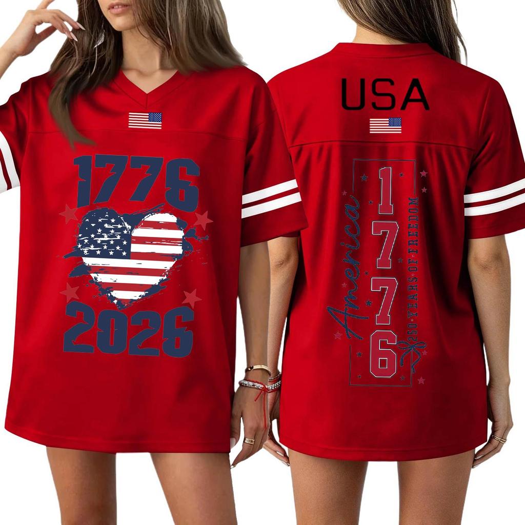 Damen Casual Mode V-Ausschnitt Sport Unabhängigkeitstag Druck Kurzarm Sport T-Shirt Top