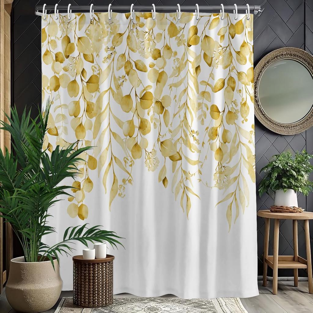 Rustic Brown Leaf Shower Curtain with Hooks, Watercolor Botanical Eucalyptus Bathroom Decor, Boho Farmhouse Waterproof Polyester