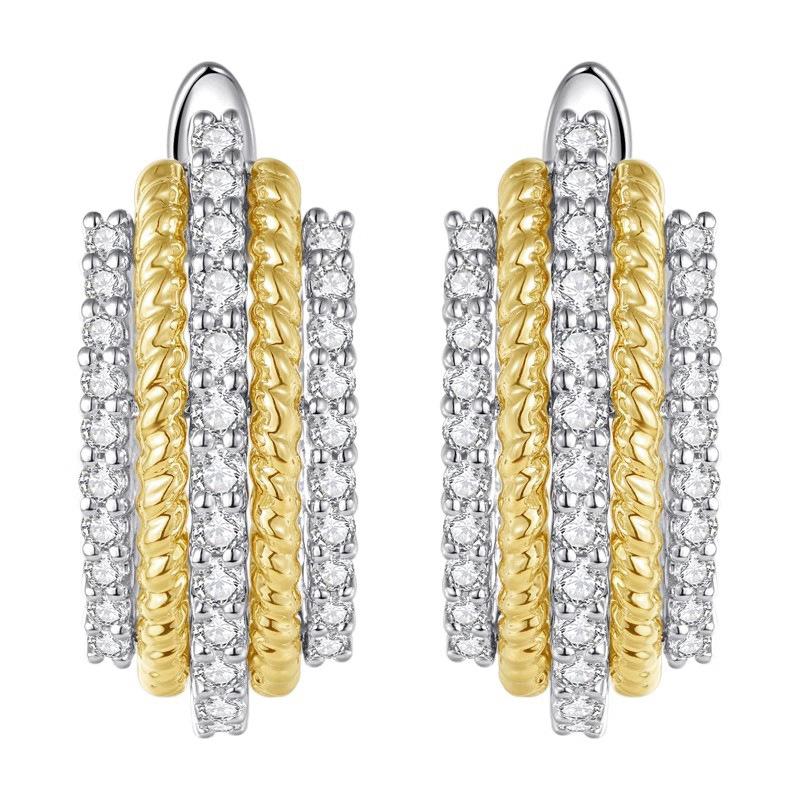Bi-Color Braided Rope Texture Multi-Row Round Cubic Zirconia Inlaid Wide Hoop Earrings Silver Base Snap Closure Elegant Office Ladies Accessories