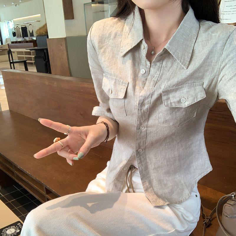 

Kumikumi Design Sense Solid Temperament Niche Chic Half Sleeve Shirts Women Autumn Waist Hugging Slimming Versatile Top Hemp natural color L