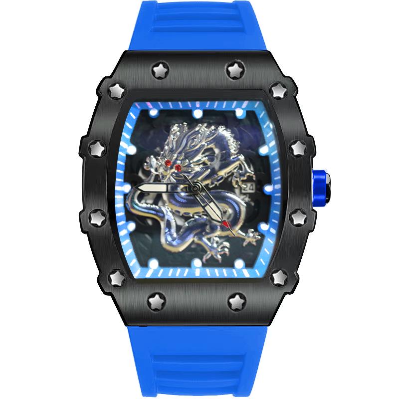 2024 Herren Tonneau Silber Drache Quarz Uhr: Lässig, Sportlich, Leuchtend, Wasserdicht, Vollautomatisch.