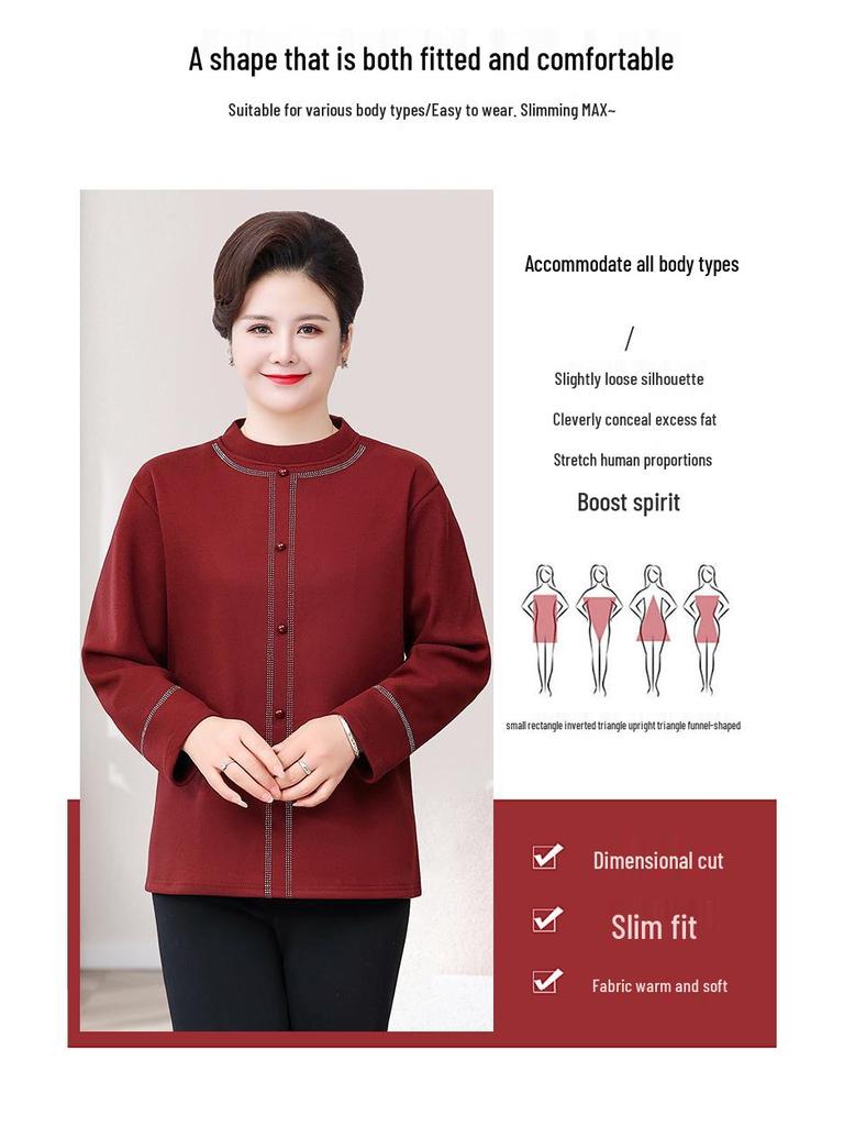 Plus Size Velvet Long Sleeve Top for Middle-Aged & Elderly - Autumn/Winter