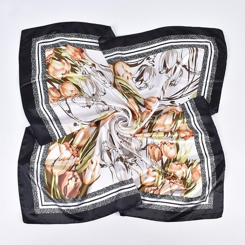 1Pcs Tulip Bouquet Printed Silk Scarf For Women Imitation Silk Fashion Versatile 90Cm Satin Large Square Scarf Headscarf