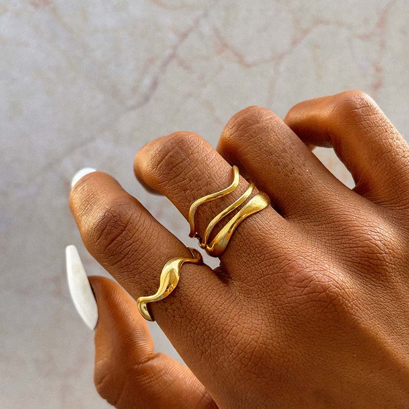 

Stainless Steel Gold Color Geometric Line Open Rings For Women Fashion Metal Irregular Adjustable Couple Ring Zircon Gift