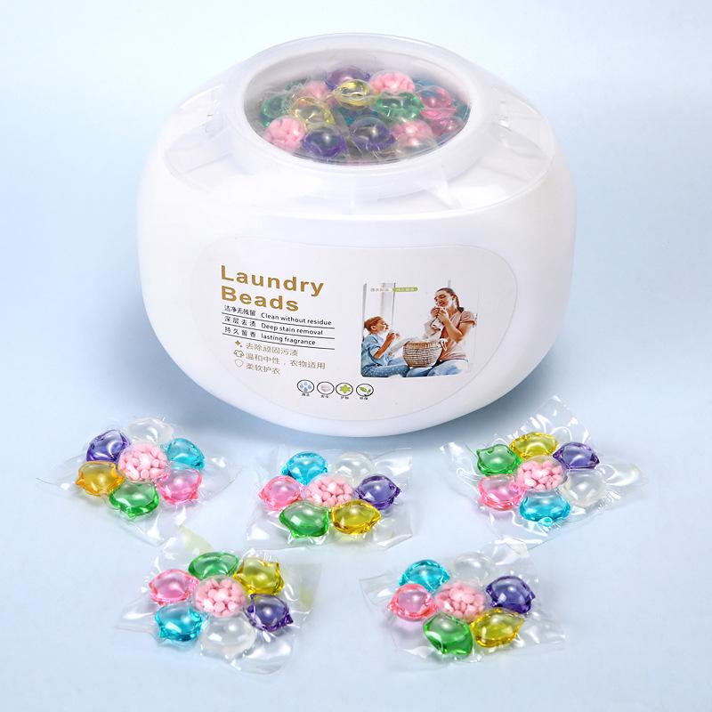 Five-in-One Laundry Pods: Long-Lasting Scent, Stain Removal, Softening, and Concentrated Detergent Beads.